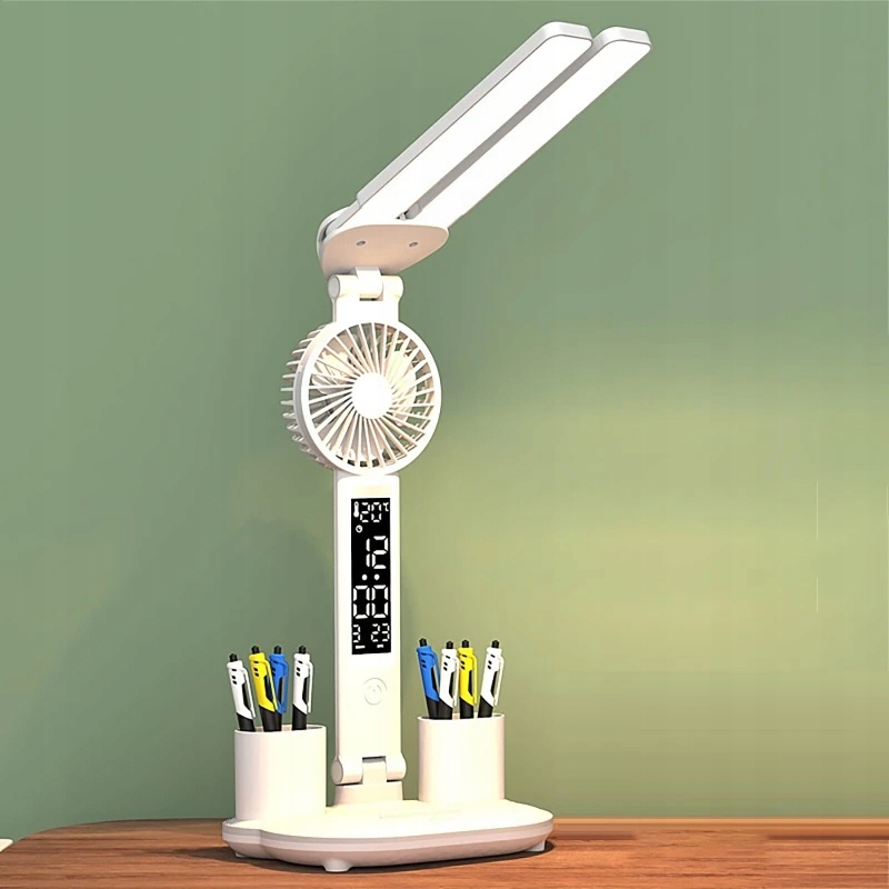 LAMPKA BIURKOWA LED 2-RAMIENNA 3BARWY ORGANIZER ZEGAR TERMOMETR WENTYLATOR Marka inna