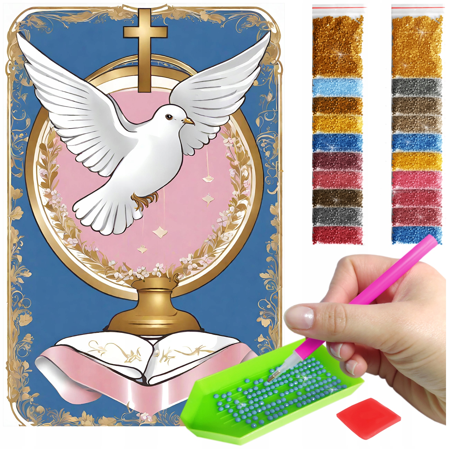 Výšivka Diamond Painting mozaika holubice nad biblí sada pro přijímání