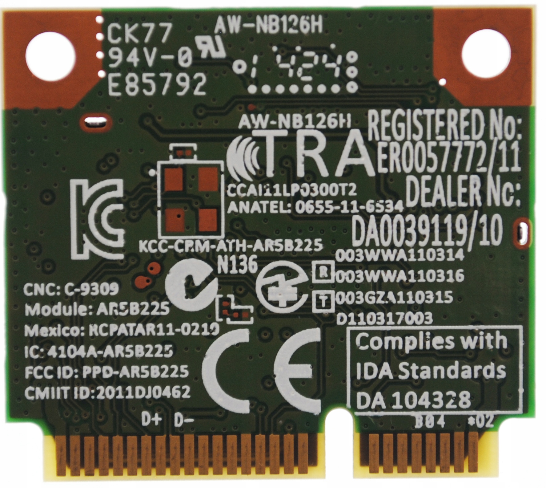 Karta Wi-Fi AR5B225 Asus AW-NB126H + Bluetooth Producent AzureWave