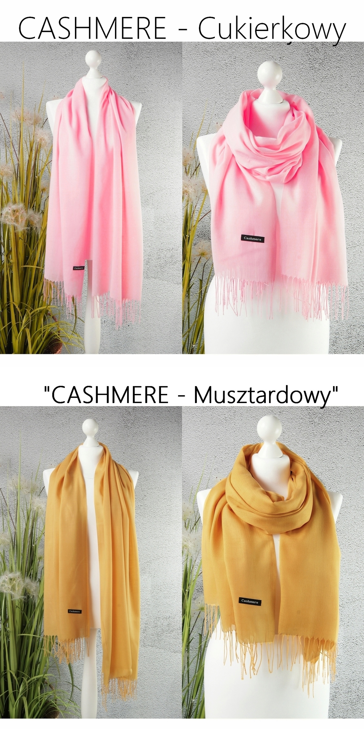 SZAL KASZMIROWY GŁADKI DŁUGI szalik - 30 KOLORÓW Wzór dominujący bez wzoru