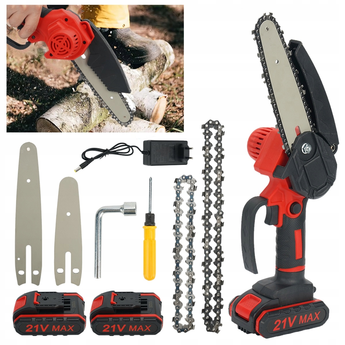 Mini Řetězová Pila 21V S Baterií 1300 Mah Pro Prořezávání Větví