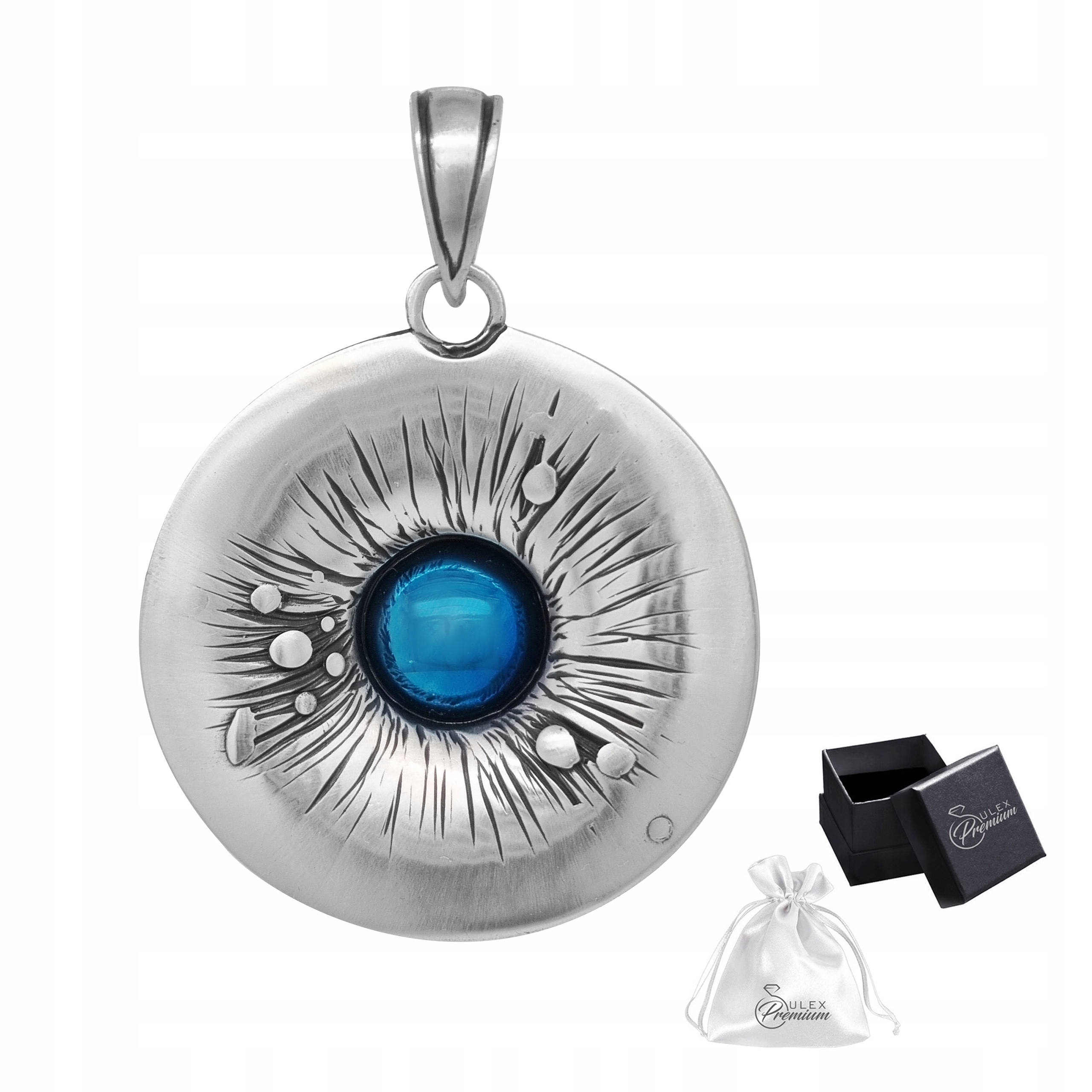 Velký kulatý přívěsek ze stříbra s modrým titanovým očkem, kapky rosy