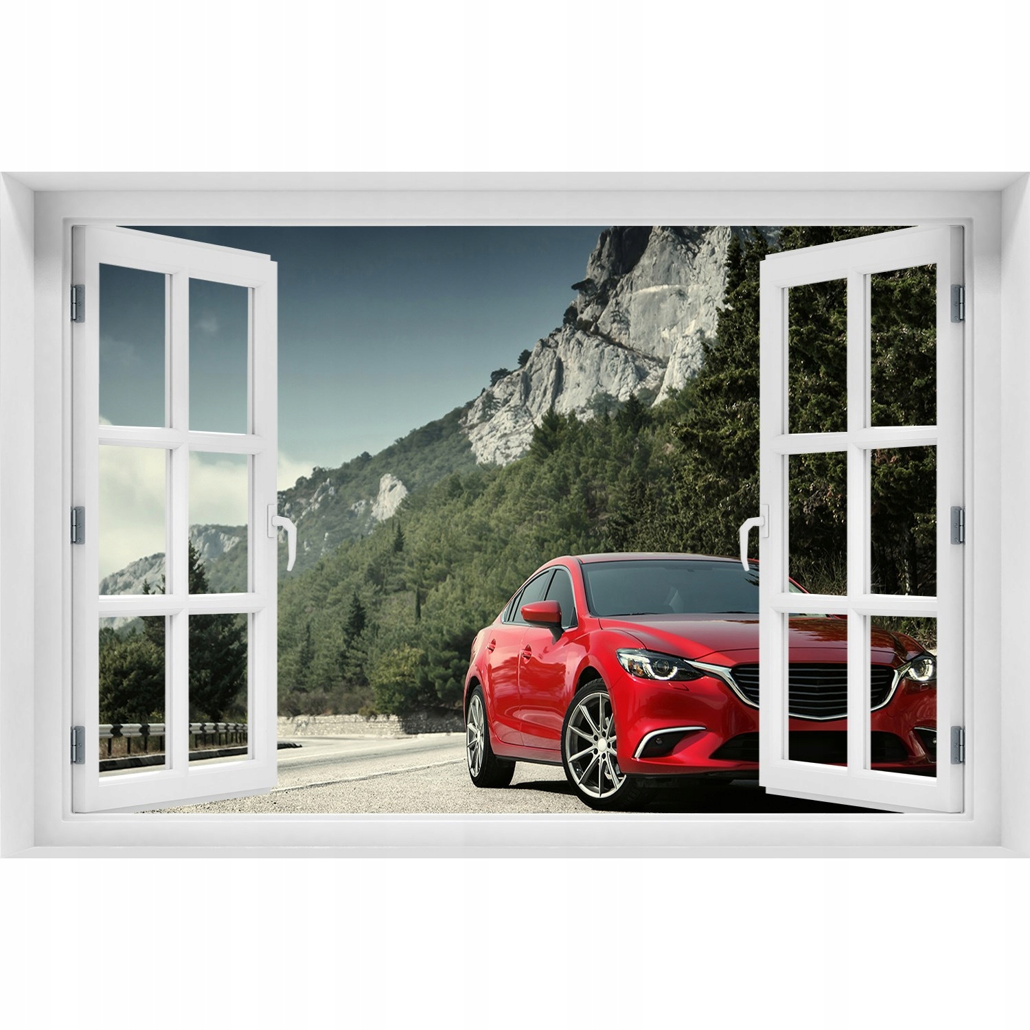 

3D Okno Naklejka na ścianę Auto w górach 150x100