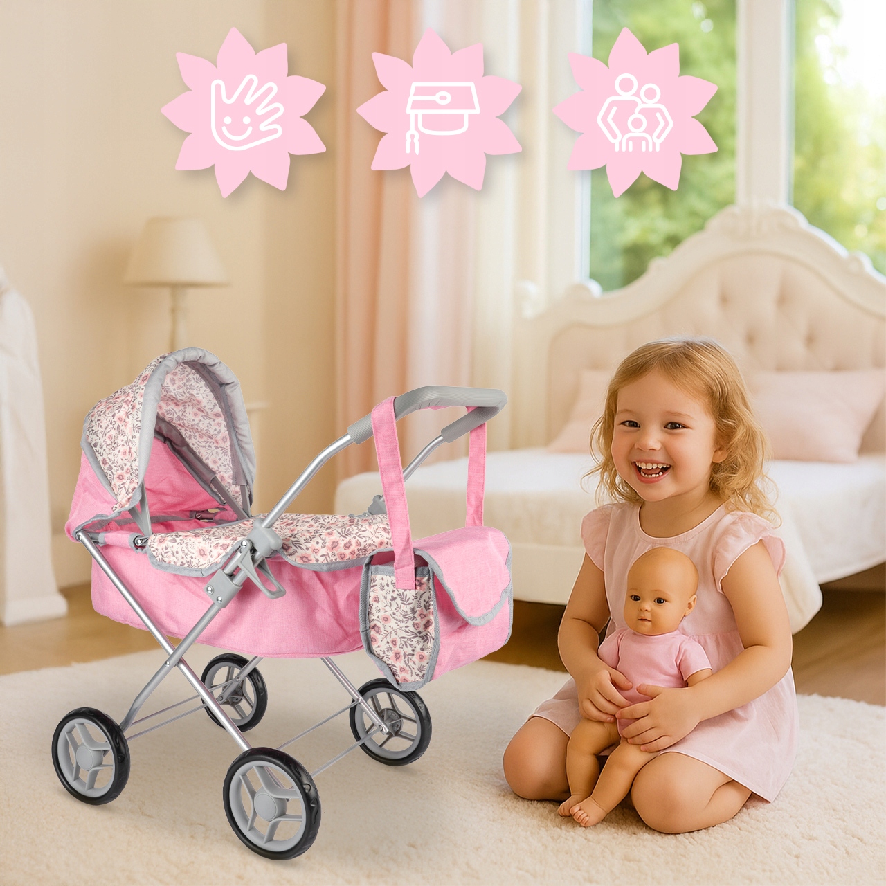 PUPPENKINDERWAGEN TIEF FALTBAR GONDEL TASCHE KINDERWAGEN VERSTELLBARES VERDACHT Tiefer Typ