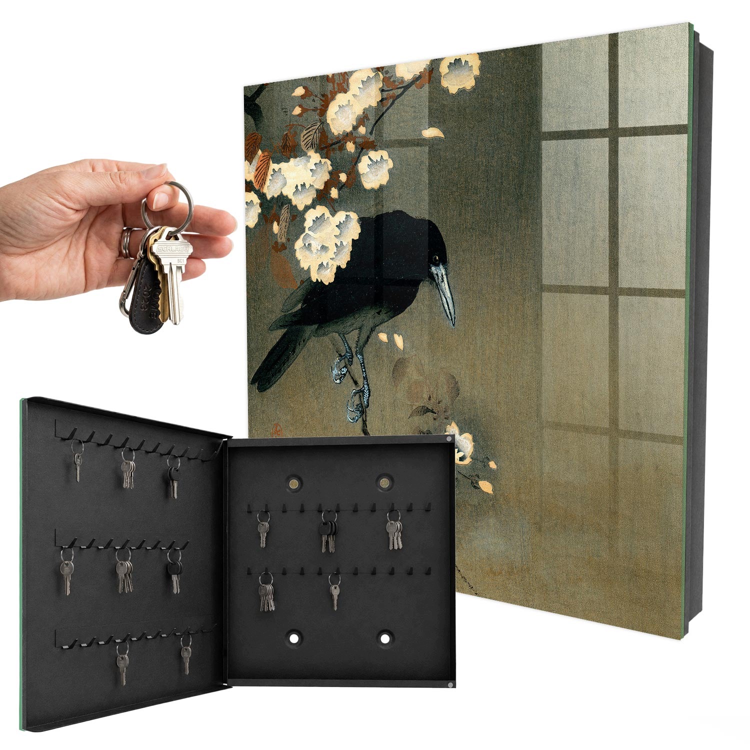 Věšák Na Klíče Ohara Koson Vrána a květy třešní Černá levá 30x30 cm