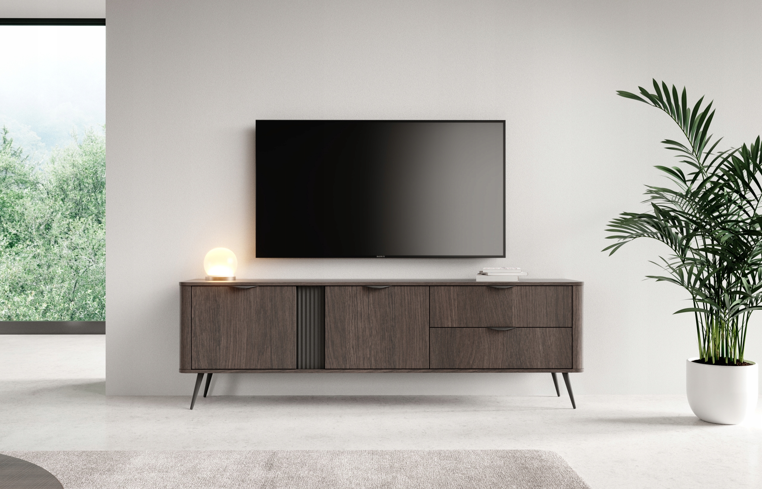 Stolik RTV 195 Veris Dąb dunin + czarny ryflowana wstawka do salonu FENWOOD