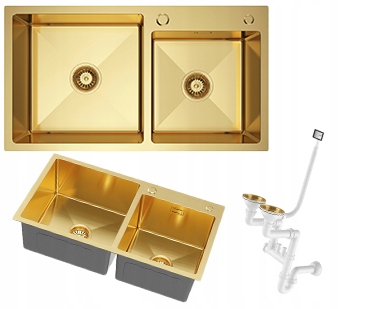 Zlatý oceľový drez 2-komorový, kuchynský 78x45 cm, sifón