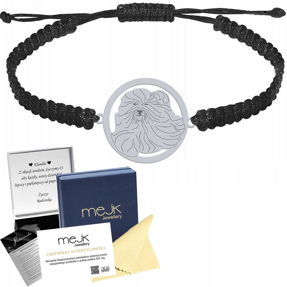 Stříbrný náramek s psem Coton de Tulear 925 Dárek Makramé Gravírování