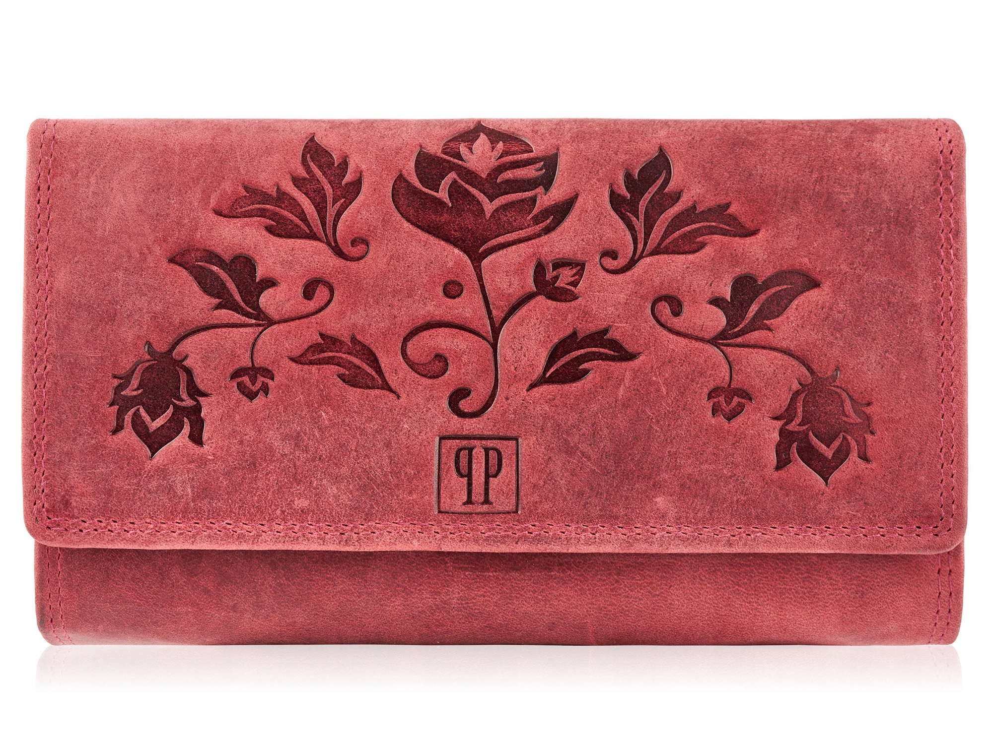 Velká červená dámská kožená peněženka s květinovým vzorem, surová vintage Rfid