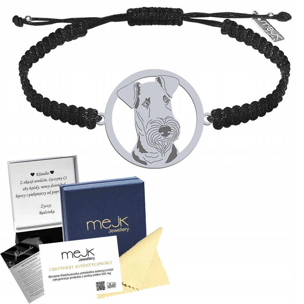 Stříbrný náramek Airedale Terrier 925 Makramé Šperky Gravírování Bonus