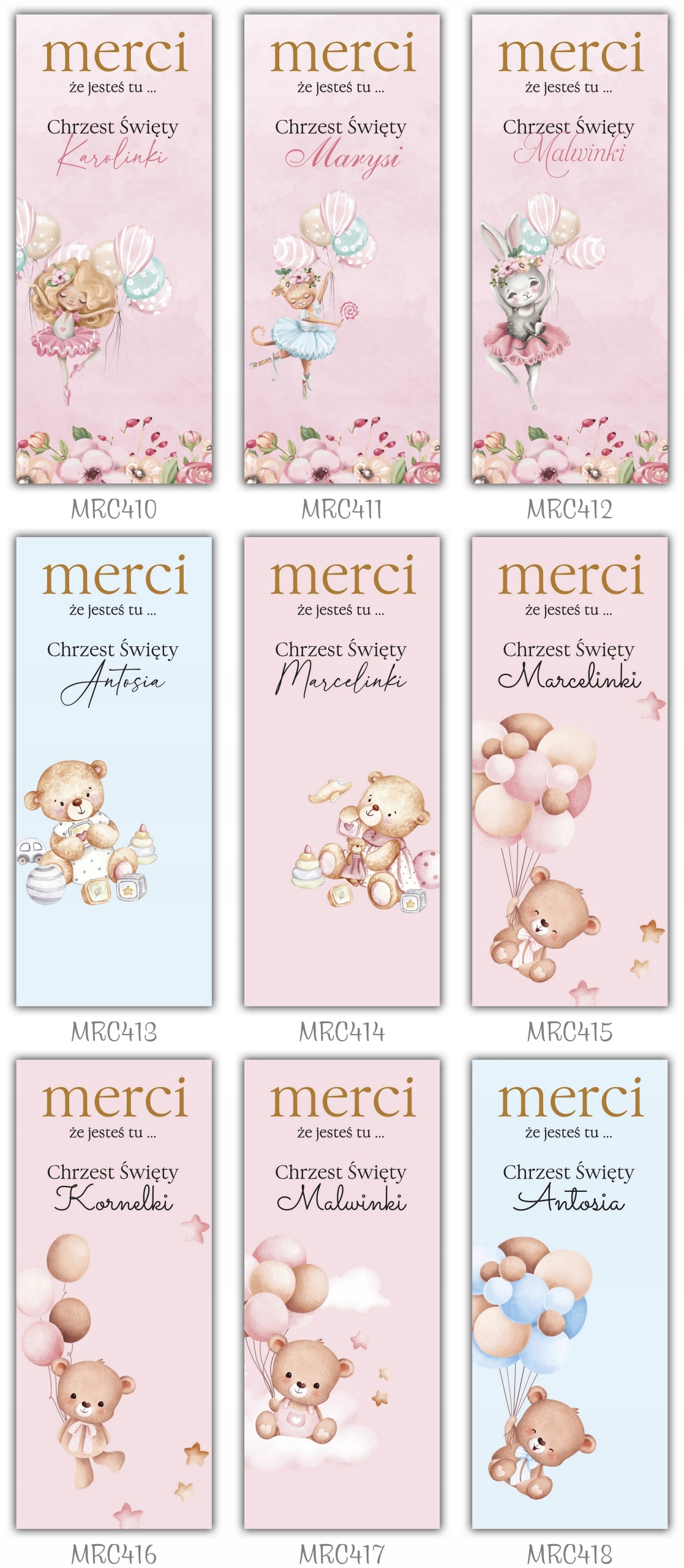 Podziękowanie dla gości MERCI na chrzest 5 szt Przeznaczenie dla gości