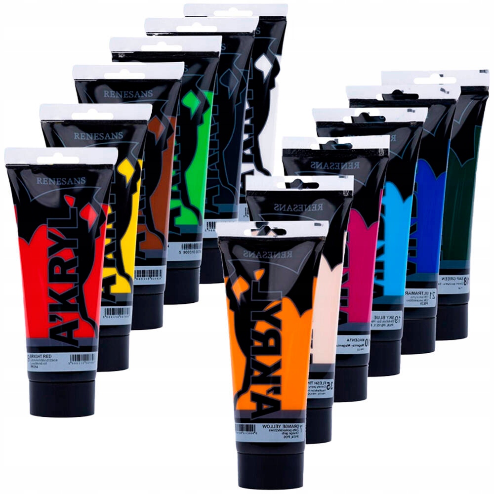 Akrylové barvy Renesans 200 Ml Sada 12 barev malířských barev 12x200ml