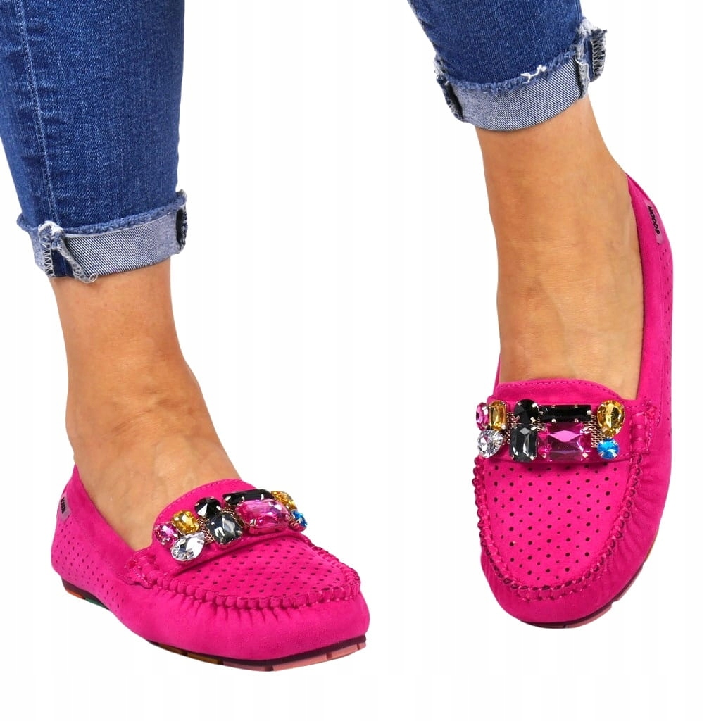 RÓŻOWE ZAMSZOWE WYGODNE LEKKIE DAMSKIE MOKASYNY Z KAMIENIAMI FUKSJA GOODIN Wzór dominujący bez wzoru