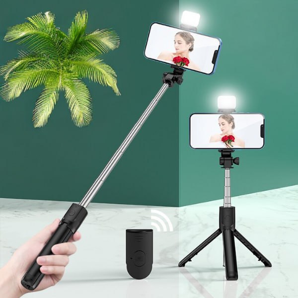 SELFIE STICK KIJEK TRIPOD STATYW + PILOT BLUETOOTH + LAMPA LED PREMIUM 63CM Materiał tworzywo sztuczne