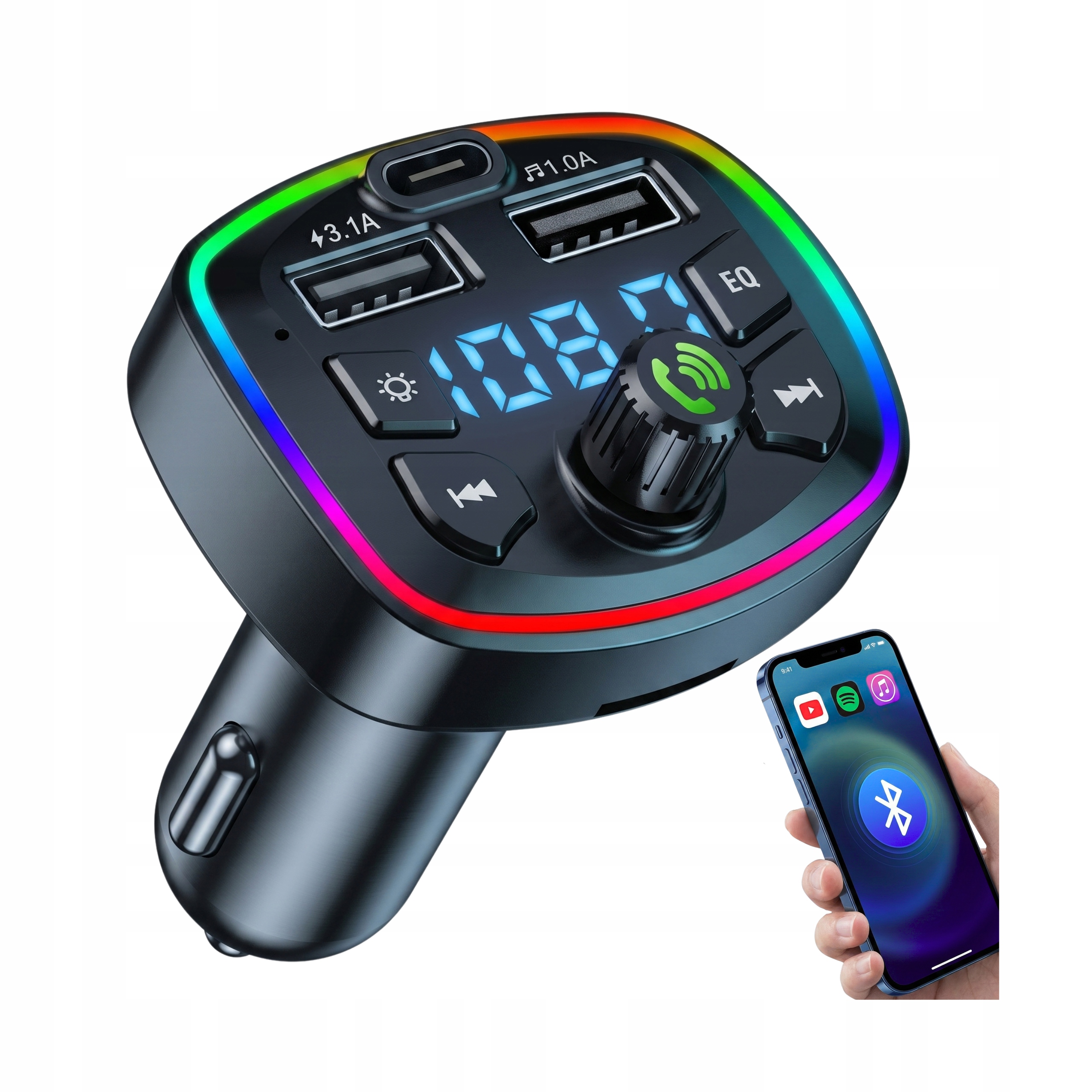 Transmiter Bluetooth Samochodowy Fm Usb 2.4A 1.0A Qc Usb-c Ładowarka