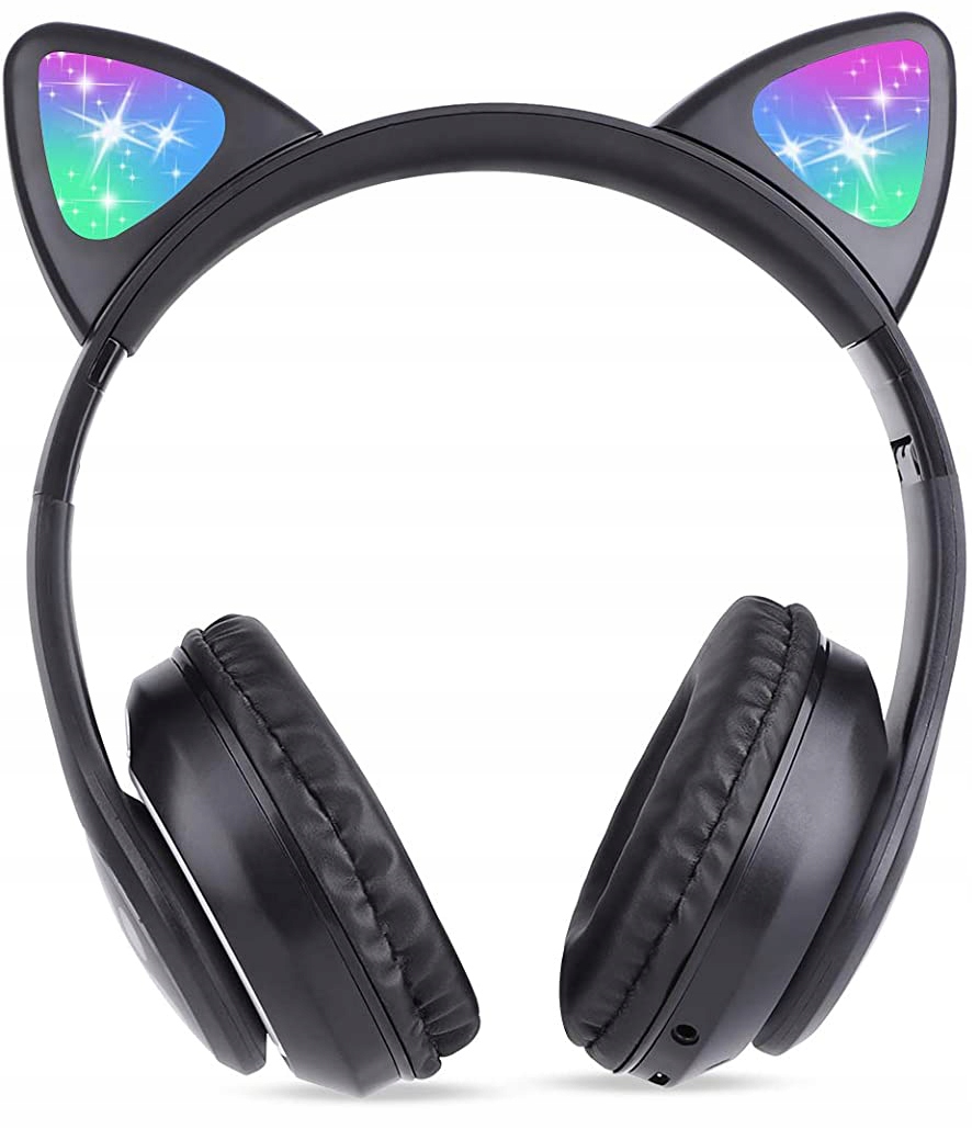 SŁUCHAWKI BEZPRZEWODOWE Z MIKROFONEM KOLOROWE KOCIE USZY LED DLA DZIECI Załączone wyposażenie Kabel jack-jack Kabel microUSB z funkcją ładowania Ładowarka z wyjściem USB