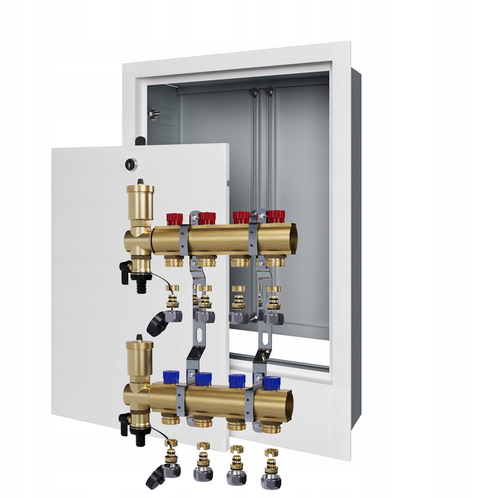 Manuální rozdělovač pro 4 radiátorové topení podomítková skříňka+Pex