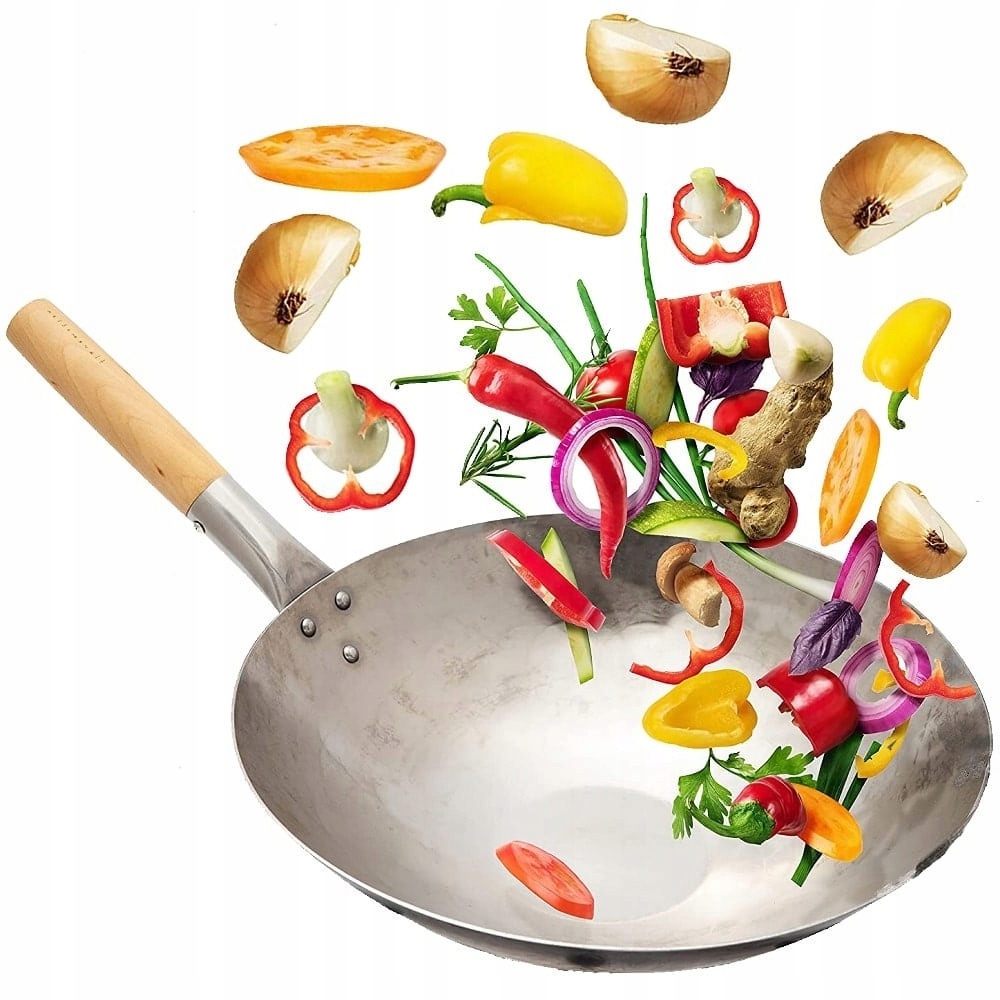 Patelnia Wok RĘCZNIE KUTY Stal Węglowa PŁASKIE DNO 12 Cali 31cm PROORIENT