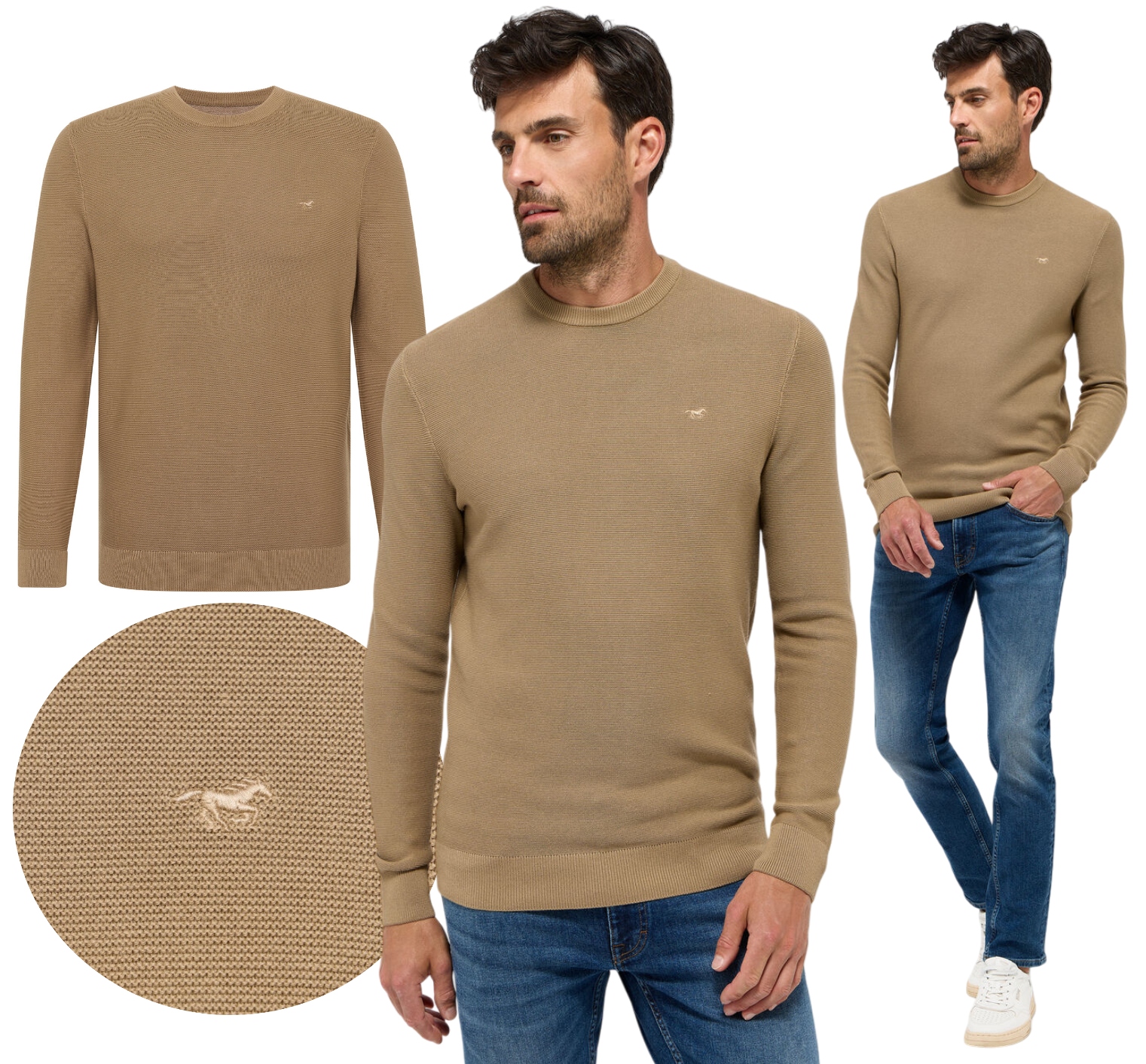 Pánský svetr Mustang Bavlna Kulatý výstřih Elliot s logem Káva vel. 5XL