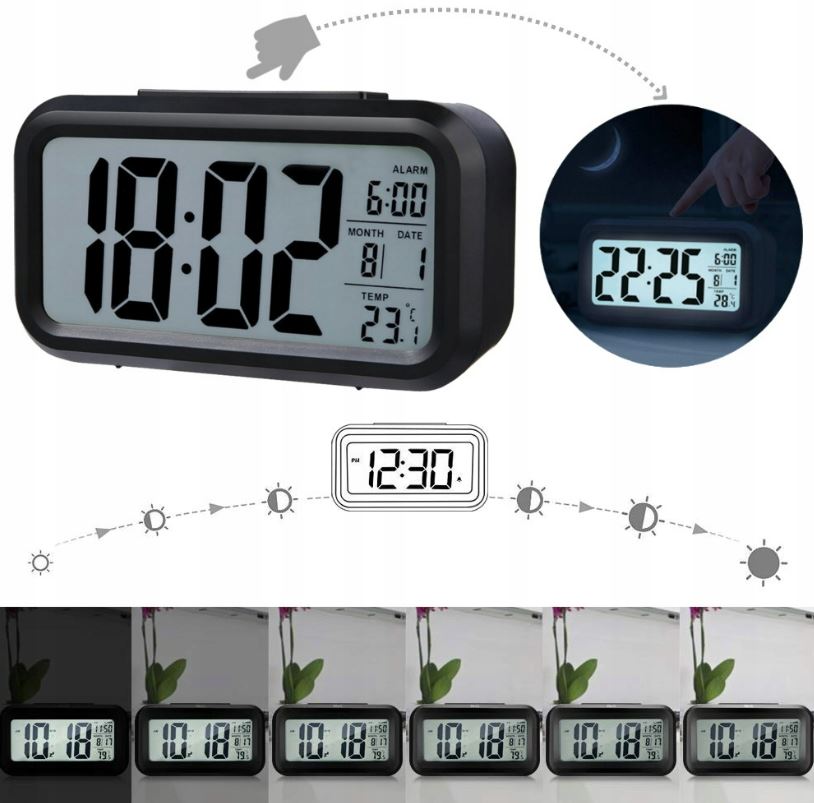 BUDZIK PODŚWIETLANY ZEGAREK LCD TERMOMETR ALARM ŚWIECĄCY LED PODŚWIETLENIE Szerokość całkowita 13 cm