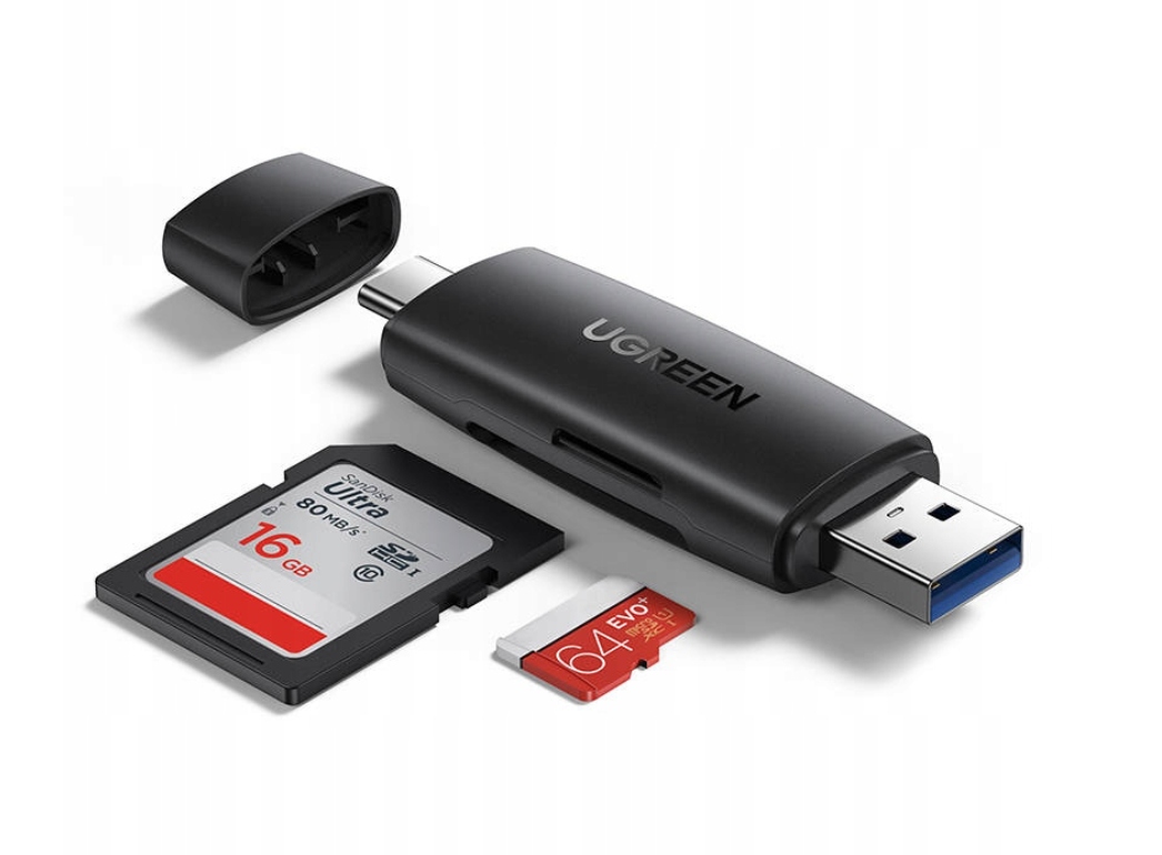 Adapter USB + USB-C UGREEN CM304 czytnik kart SD + microSD (czarny) 80191B