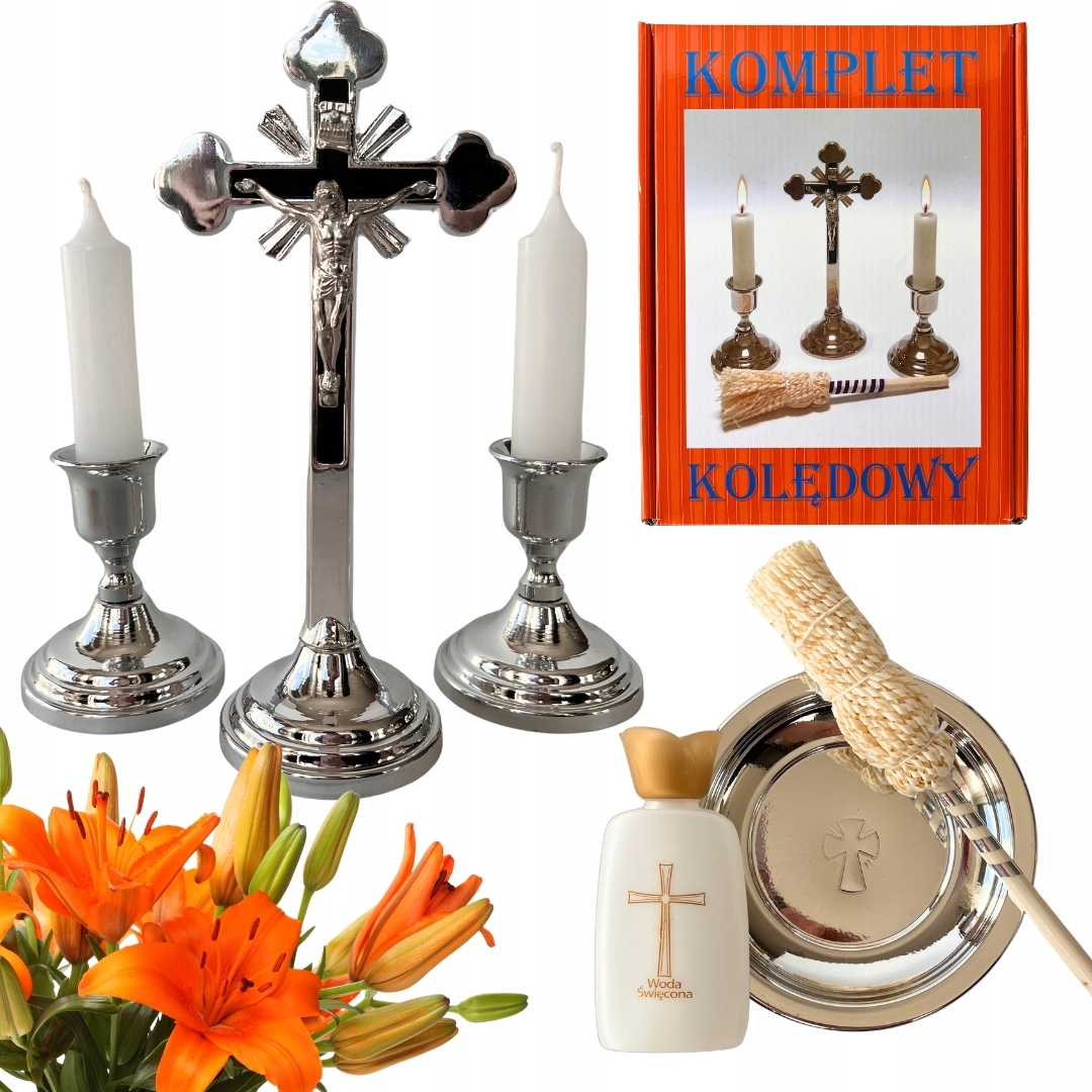 Kovová Koledová Souprava kříž a příslušenství láhev na vodu svěcená Bonus
