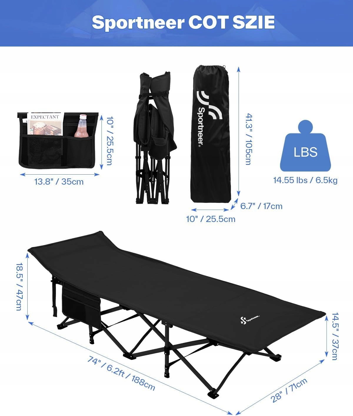 SPORTNEER Łóżko Polowe Składane 71cm 204KG Dla Dorosłych Camping — miniatura 3