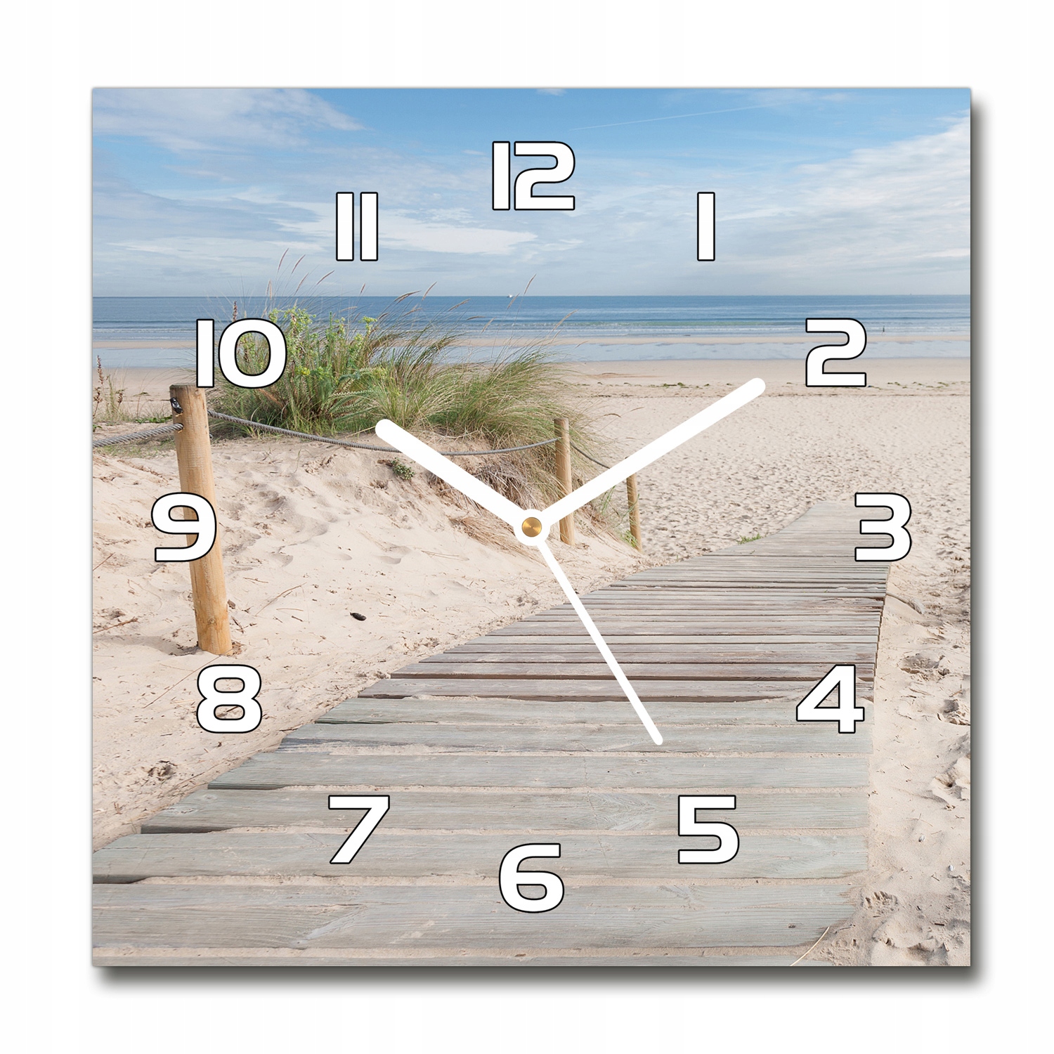 

Piękny cichy, szklany zegar do salonu Plaża 30x30