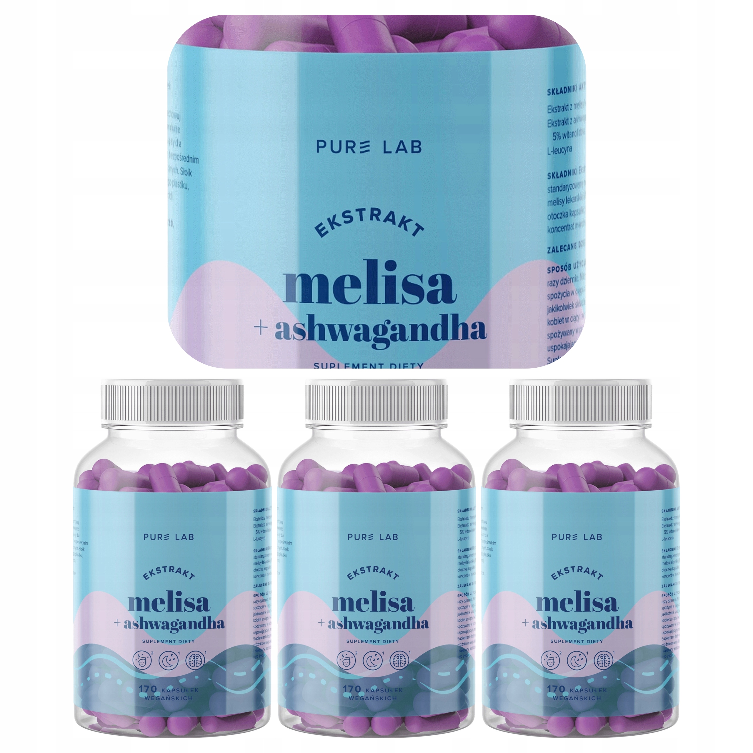 3x Pure Lab Ekstrakt Melisa 150 mg Ashwagandha Melissa Officinalis 170 kaps