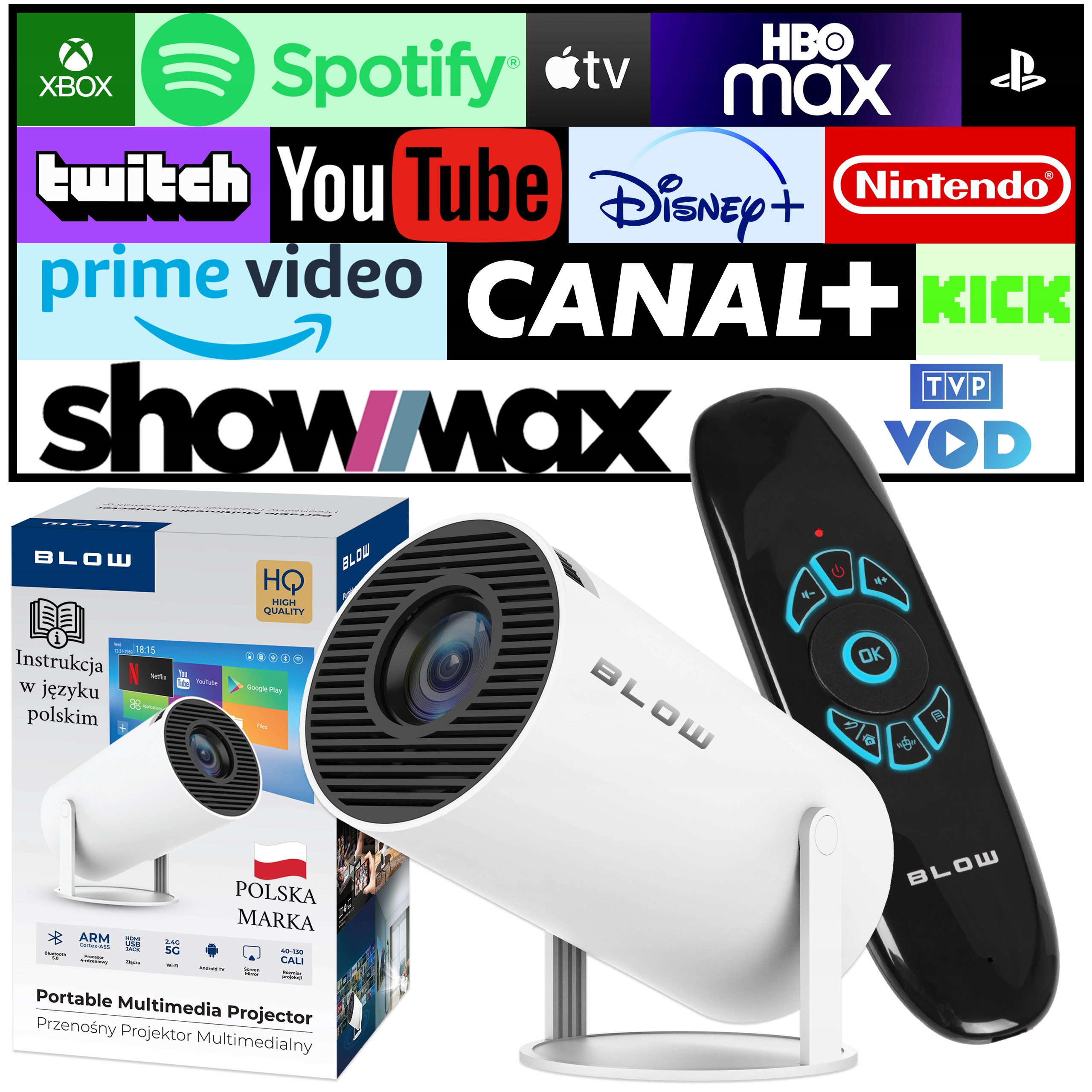 Přenosný Projektor Android Reproduktor Dálkové Ovládání Smart Tv Wifi Klávesnice