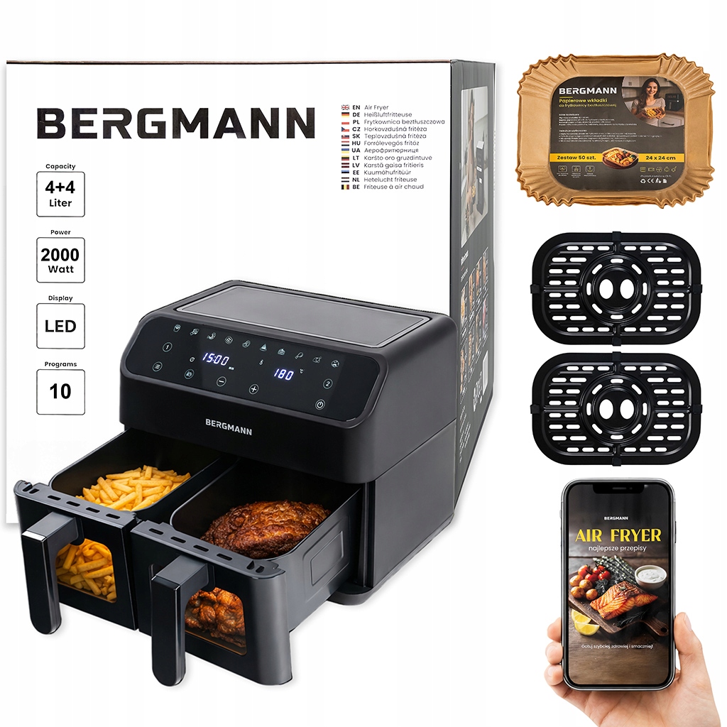 Frytkownica Beztłuszczowa Dwukomorowa 8L Air Fryer Bergmann 10 Programów