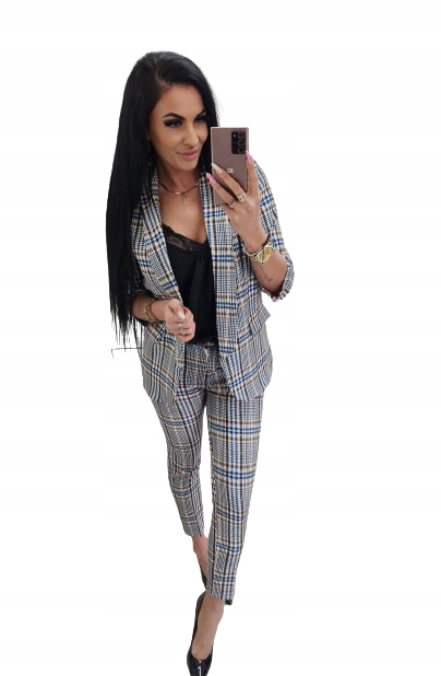 Włoski Garnitur Damski Erisa Marynarka Spodnie Niebieska Krata Xs