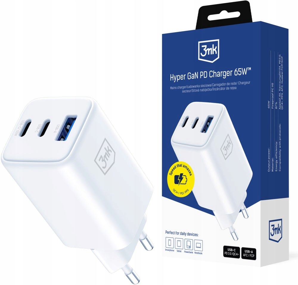 Ładowarka sieciowa 3mk Hyper GaN Charger 65W QC4+ Pd 1xUSB 2xUSB-C biała