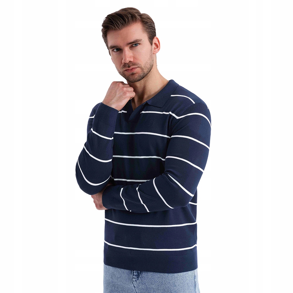 Pánské polo s dlouhým rukávem z viskózy, proužky tmavě modro-bílé OM-POLS-0146 V1, vel. XXL