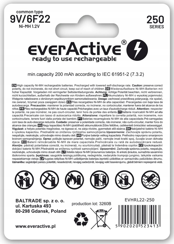 Akumulator NiMH Everactive 9V (6F22) 250 mAh 1 sztuka