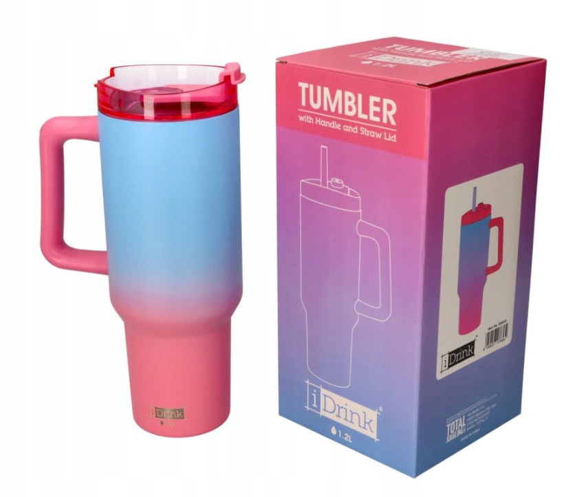 Velký Termohrnek Slámka Držák Na Výlet Modrý Růžový Termos 1,2 L