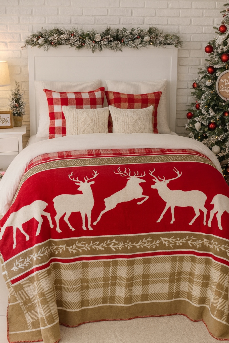 Vánoční deka sobí červená 150x200, měkká a teplá, dekorativní