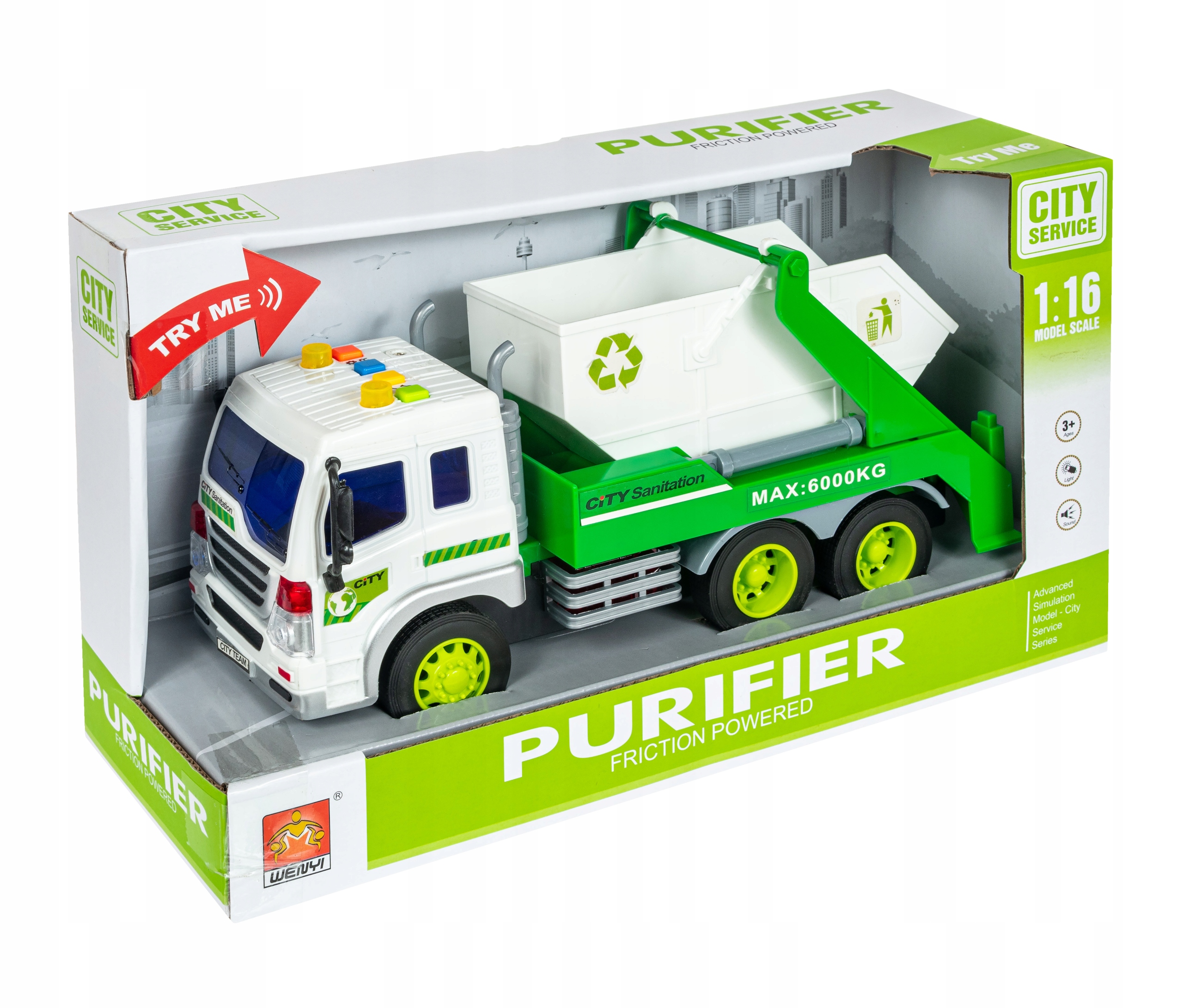 POJAZD AUTO ŚMIECIARKA 1:16 ŚWIATŁO DŹWIĘK NAPĘD Materiał plastik