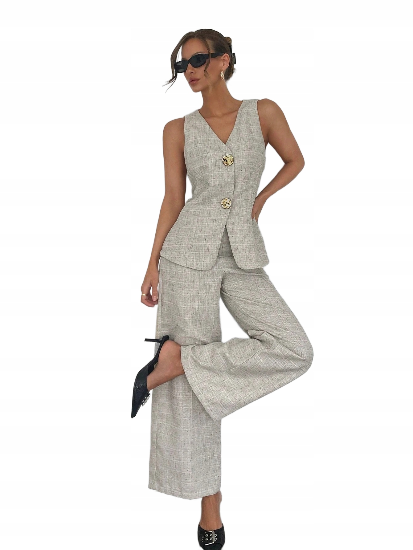 Shein Béžový Komplet Saka A Kalhot S Knoflíky 44 2BA