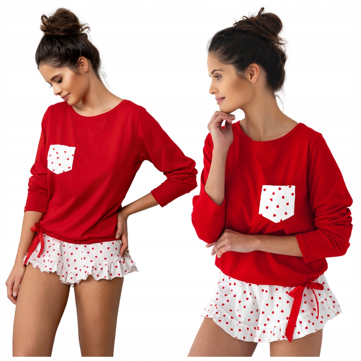 Piżama Damska Bawełniana 100% Dwuczęściowa Krótkie Spodenki w Serduszka XL