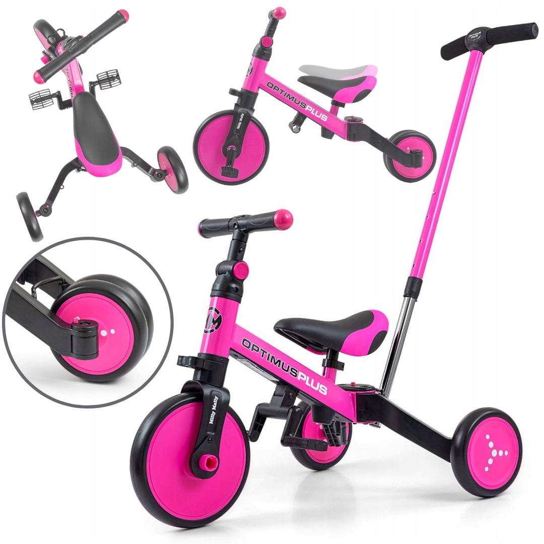 Rowerek trójkołowy 4w1 różowy jeździk z rączką Optimus Plus Milly Mally