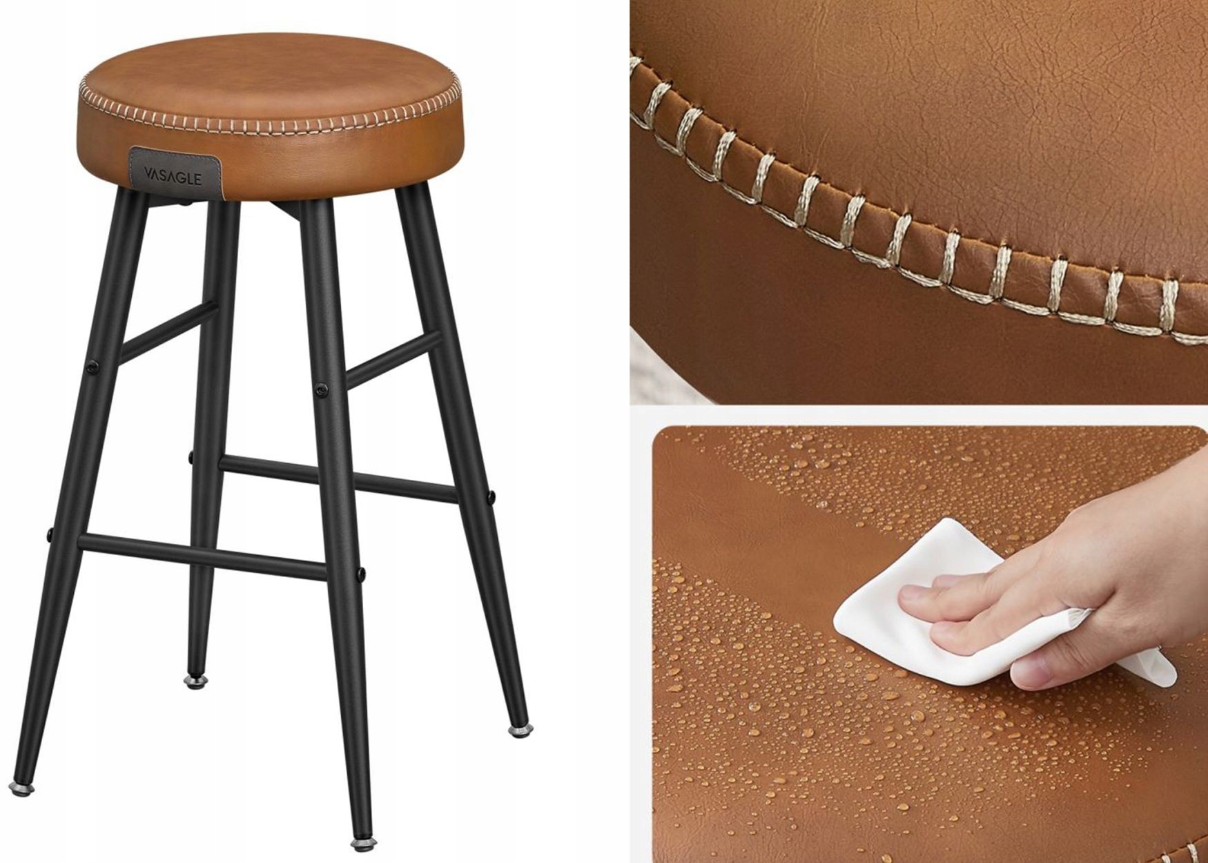 Sada hokerov 2 ks barové stoličky, oceľ a karamelovo hnedá ekokoža 63 cm