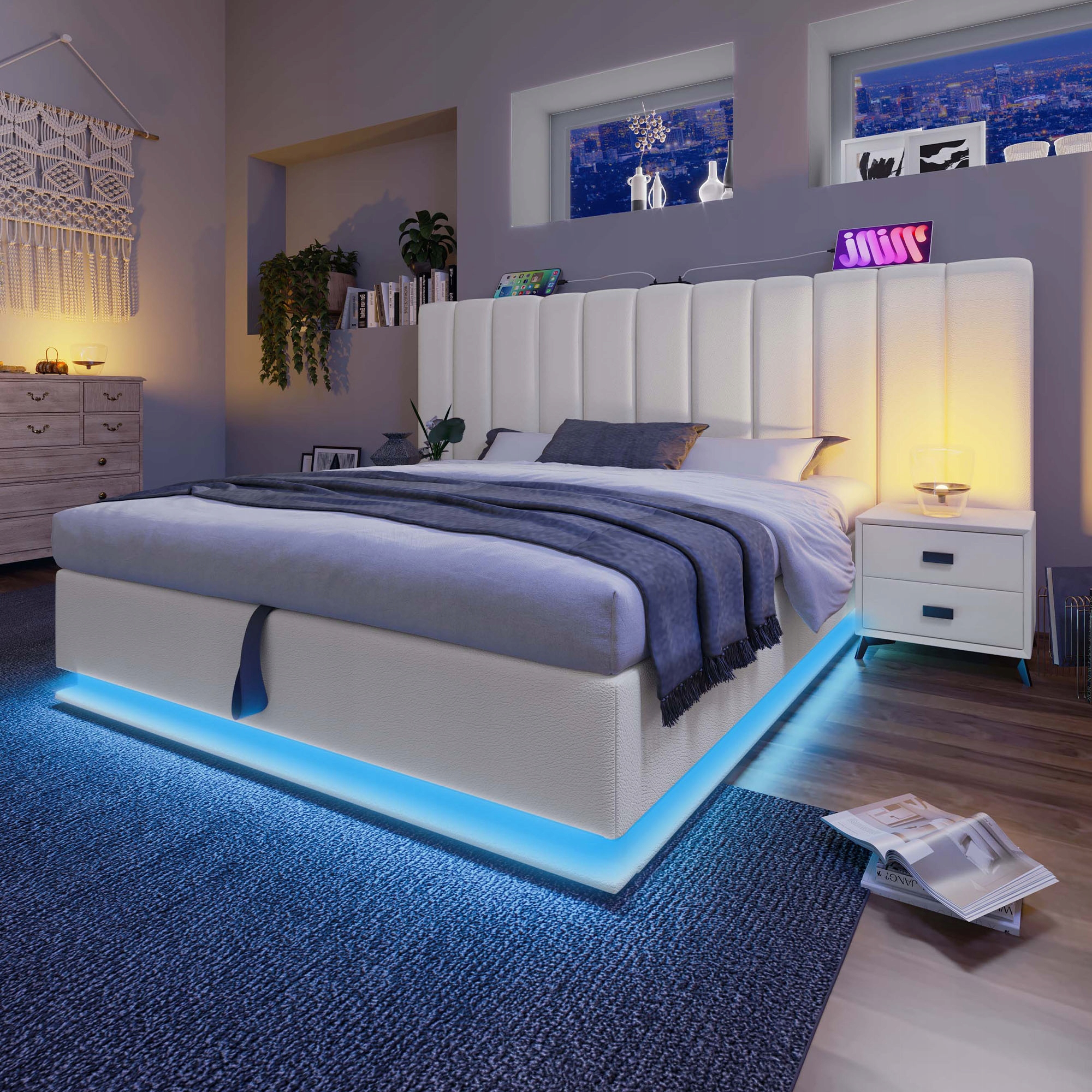 Čalouněná postel Dvojlůžko Hydraulické Led Usb-c Bílá PU+Matrace