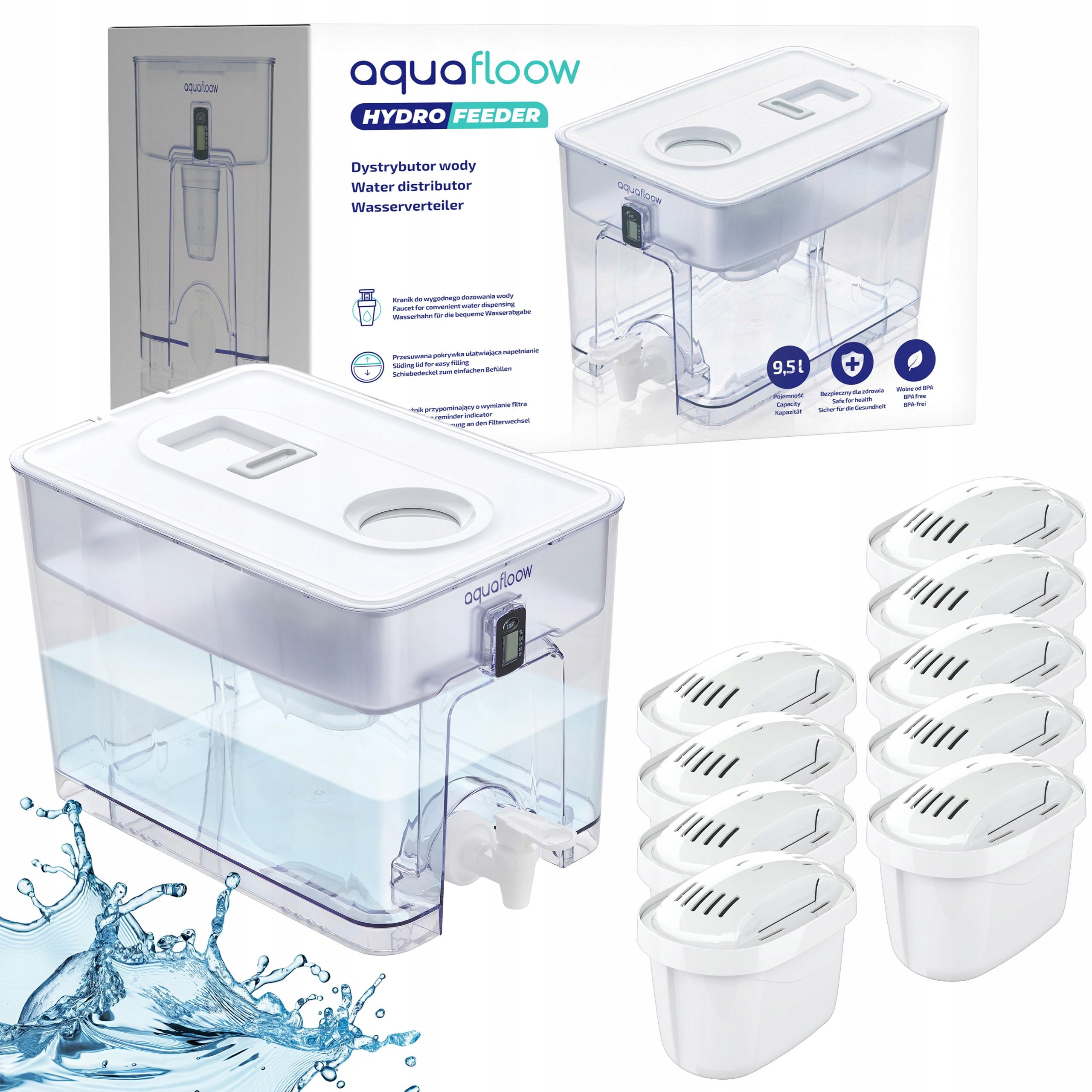 AquaFloow XL: veľký dávkovač vody 9,5 l 9x vodný filter AquaFloow Maxi