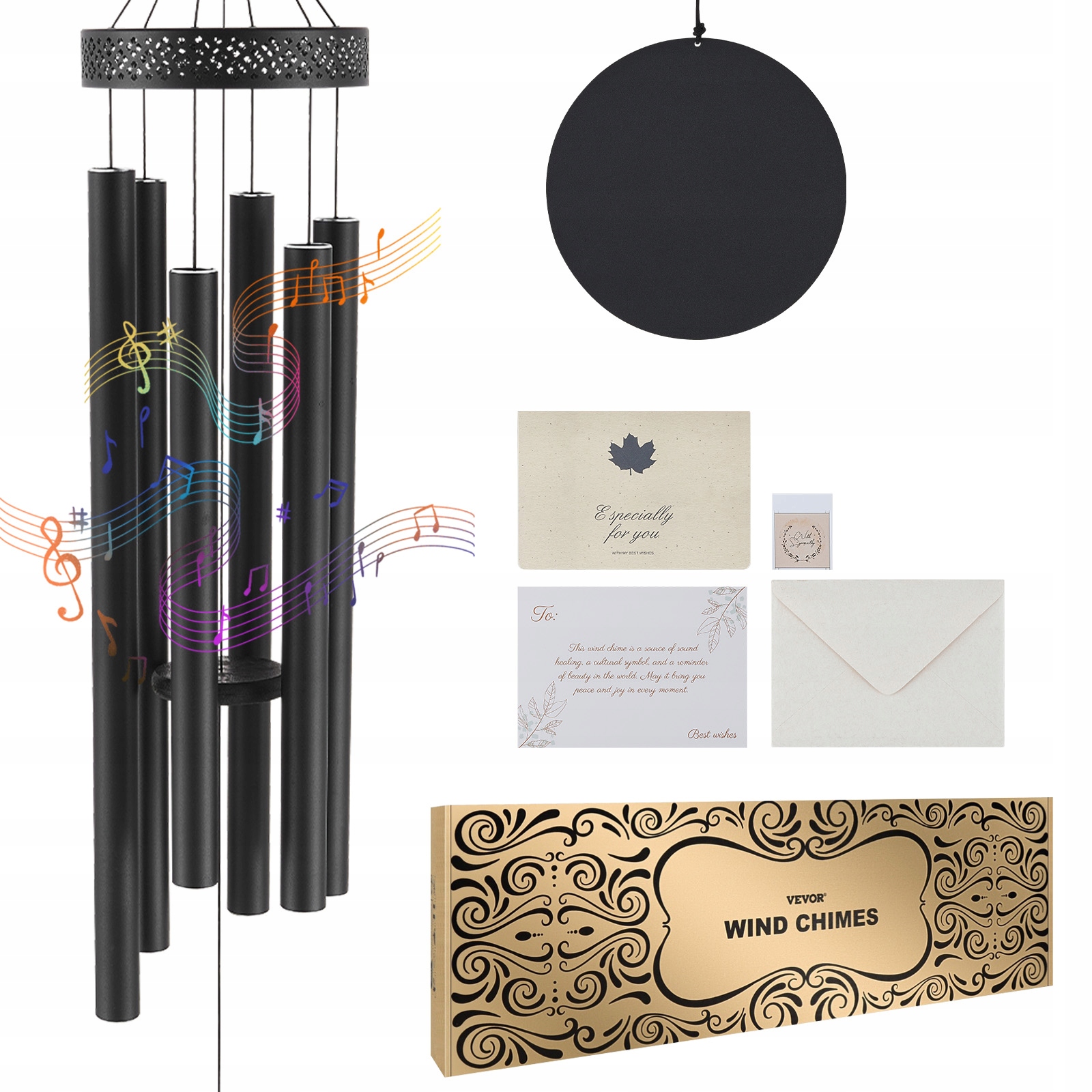 Prémiový Větrný Zvonek Vevor 58 Palců Hluboký Tón 6 Trubek Hliník Černý