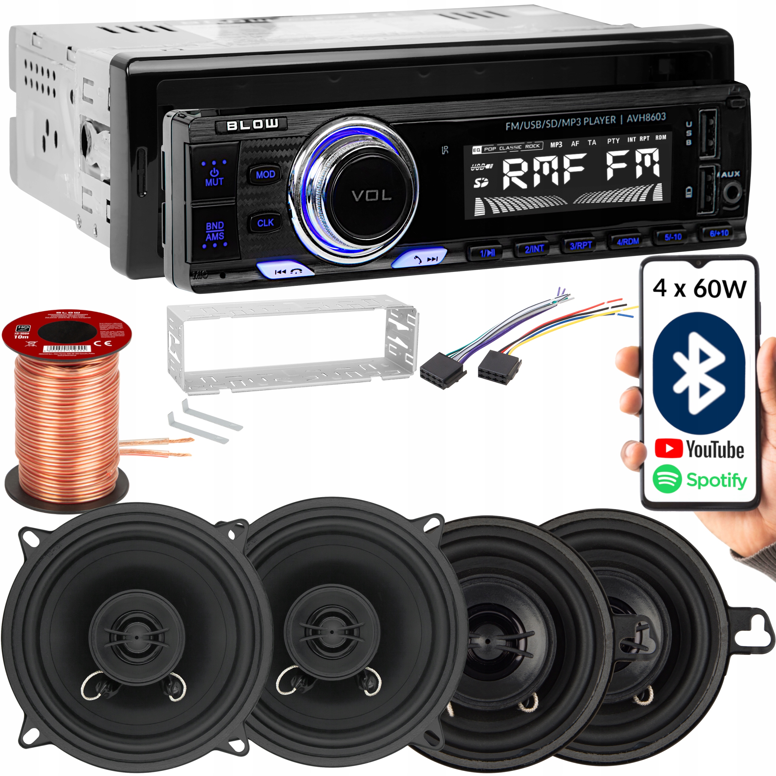 RADIO SAMOCHODOWE 1-DIN BLUETOOTH USB SD RDS 4x GŁOŚNIKI PILOT ZESTAW 520W