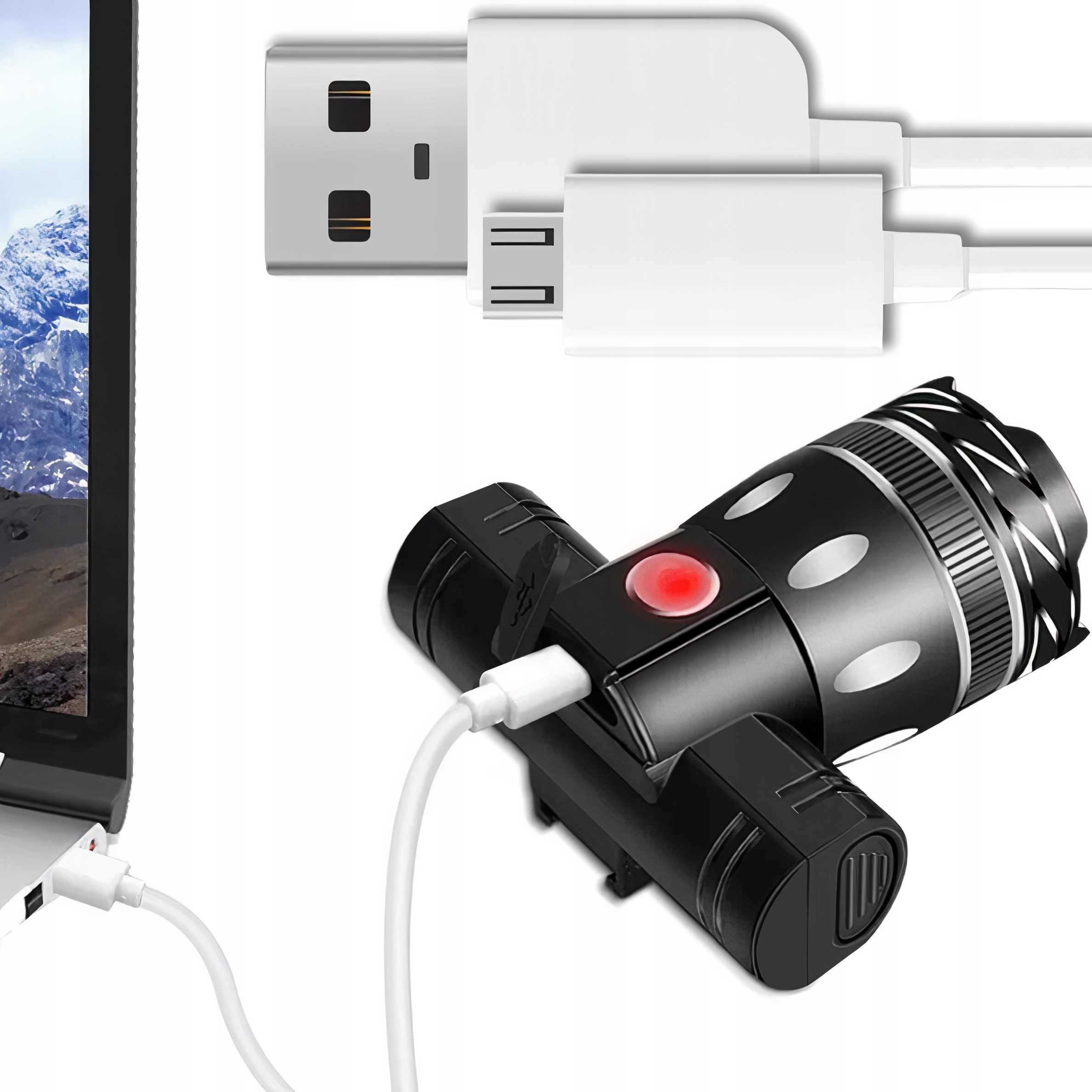 LAMPKA ROWEROWA LED NA ROWER KIEROWNICĘ MOCNA AKUMULATOROWA USB + TYŁ TYLNA Zasilanie akumulator