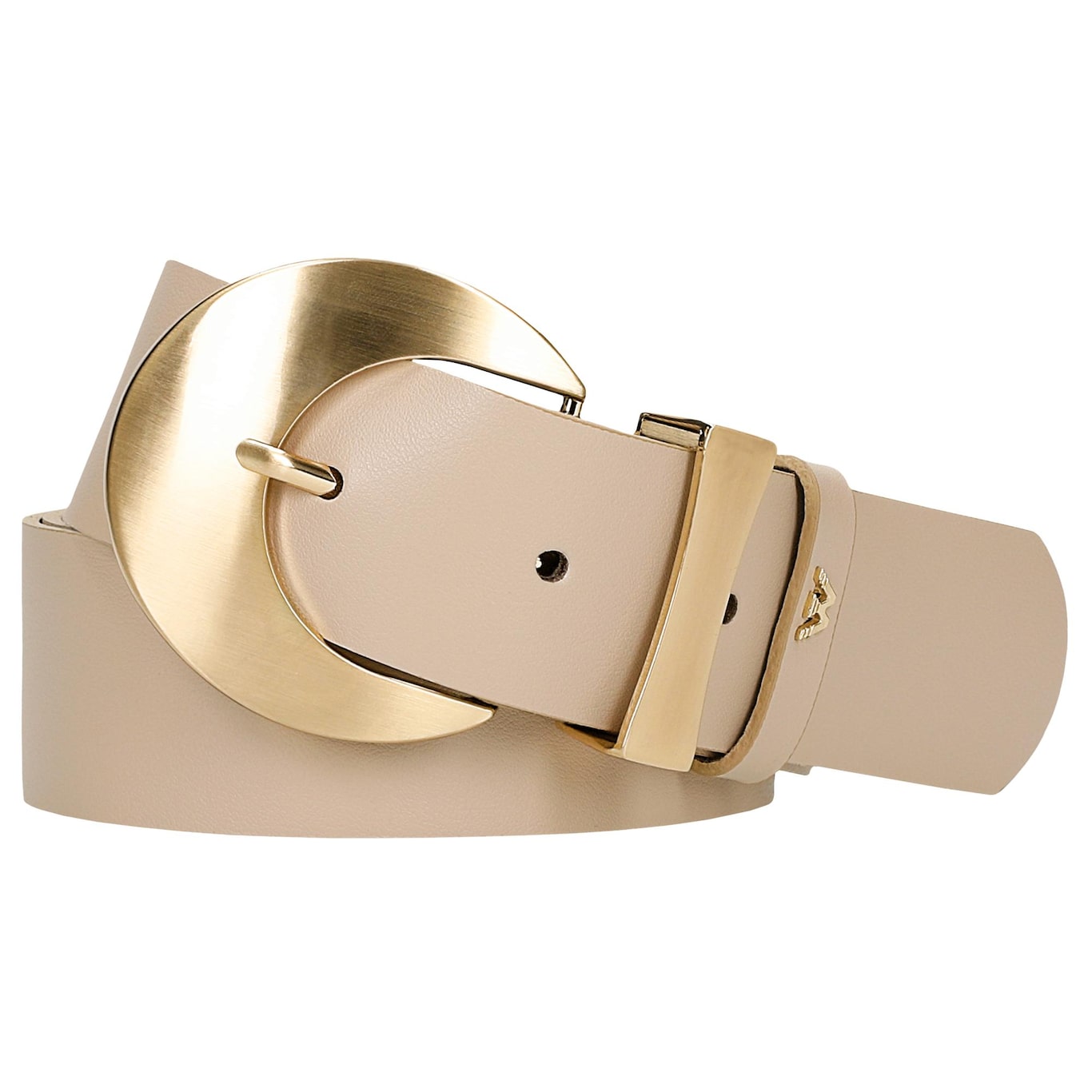 Beżowy pasek damski z dużą złotą klamrą r. 100