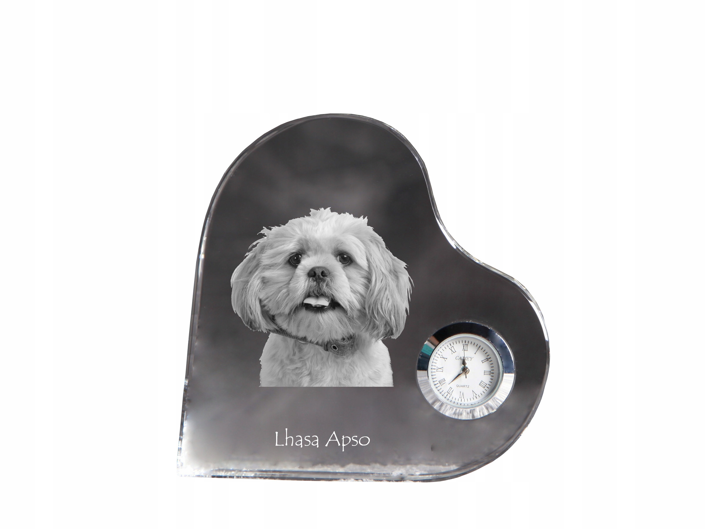 Lhasa Apso krištáľové hodiny v tvare srdca s vašou fotografiou