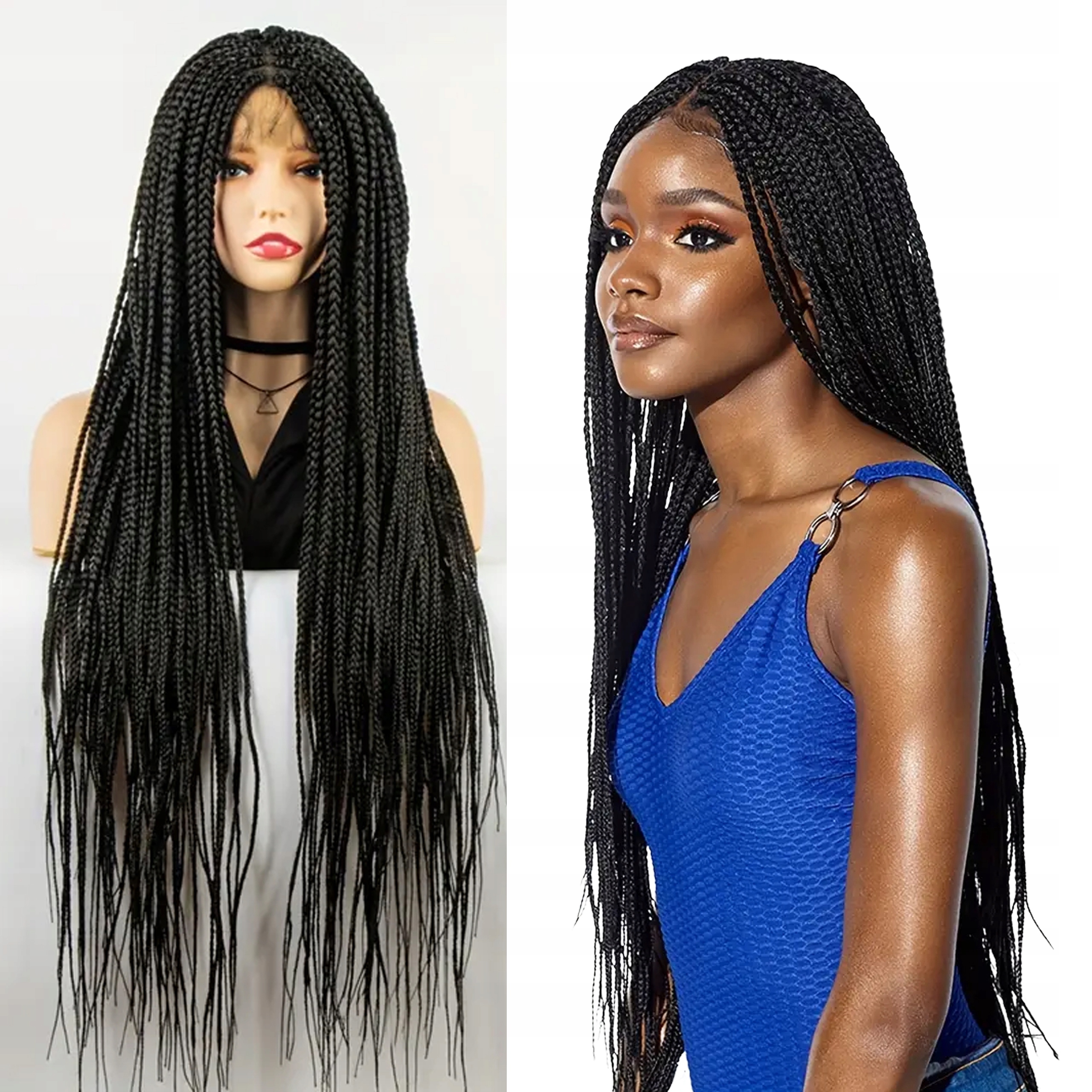 Peruka Lace Front warkoczyki czarna #1B 80 cm z baby hair i regulacją